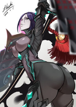 1girl absurdres arm_up armor black_bodysuit black_eyes bodysuit breasts fate/grand_order fate/samurai_remnant fate_(series) grey_bodysuit highres japanese_armor katana large_breasts looking_at_viewer looking_back minamoto_no_raikou_(fate) multicolored_bodysuit neon_trim ninja parted_bangs parted_lips purple_hair shiki_(love-saber) short_hair shoulder_armor smile sode solo sword thighs two-tone_bodysuit ushi_gozen_(avenger)_(fate) ushi_gozen_(fate) weapon