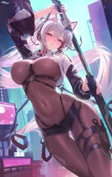 Rule 34 | 1girl, absurdres, animal ear headphones, animal ears, arm up, black choker, black shorts, bodysuit, breasts, brown bodysuit, building, cat ear headphones, cat ears, chest harness, choker, clothing cutout, commission, covered erect nipples, covered navel, dagger, fake animal ears, freng, harness, headphones, highleg, highres, hip vent, holding, holding weapon, knife, large breasts, long hair, long sleeves, looking at viewer, micro shorts, o-ring, open fly, orange eyes, original, panty straps, parted lips, ponytail, second-party source, shorts, shrug (clothing), solo, thigh gap, thigh strap, very long hair, weapon, white hair, white shrug, yoi (yakinasu)