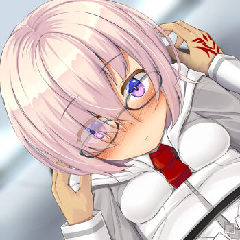 1girl black-framed_eyewear black_shirt blush breasts closed_mouth command_spell embarrassed eyes_visible_through_hair fate/grand_order fate_(series) female_focus from_above glasses hair_over_one_eye highres hug jacket kitsunerider large_breasts long_sleeves looking_at_viewer mash_kyrielight necktie nose_blush open_clothes open_jacket pov pov_hands pov_hug purple_eyes red_necktie shirt short_hair silver_hair sleeveless sleeveless_shirt solo solo_focus upper_body