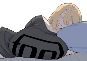 1girl absurdres bed black_shirt blonde_hair breast_rest breasts closed_eyes collarbone colored_eyelashes drooling facing_viewer hair_between_eyes highres huge_breasts inne_sulistya_robin long_hair lying norman_maggot off_shoulder on_bed on_side original parted_lips pillow saliva saliva_trail shirt short_sleeves sidelocks sleeping solo