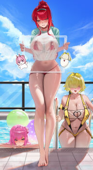 3girls :d absurdres against_glass ahoge aqua_hairband aqua_sleeves areola_slip ball bao_(pixiv_99415611) bare_shoulders barefoot beachball bikini bikini_bottom_pull blonde_hair blue_sky blunt_bangs blush breast_press breasts breasts_on_glass cleavage cleavage_cutout closed_mouth clothing_cutout cloud collarbone commentary crop_top cropped_shirt crossed_legs curvy day doro_(nikke) dorothy_(nikke) dorothy_(serendipity)_(nikke) elegg_(boom_and_shock)_(nikke) elegg_(nikke) english_commentary fang female_pubic_hair flower-shaped_hair full_body game_controller_print glass_plate goddess_of_victory:_nikke grin hair_between_eyes hair_bun hair_intakes hair_over_eyes hairband heart_cutout highleg highleg_bikini highres holding large_breasts long_bangs long_hair looking_at_viewer multicolored_hair multiple_girls navel official_alternate_costume official_alternate_hair_color official_alternate_hairstyle open_mouth outdoors pink_hair ponytail pool pool_ladder pubic_hair purple_eyes rapi_(nikke) rapi_(red_hood)_(nikke) rapi_(red_hood)_(red_flavor)_(nikke) red_bikini red_eyes red_hair red_pubic_hair see-through_clothes see-through_shirt shadow shiny_skin shirt short_hair short_sleeves sidelocks single_side_bun skin_fang skindentation sky slingshot_swimsuit smile standing stomach swimsuit thong thong_bikini two-tone_hair variant_set watson_cross wet wet_clothes wet_shirt white_shirt wide_hips yellow_slingshot_swimsuit