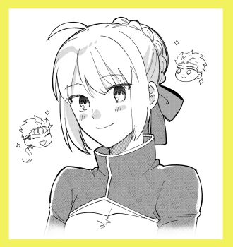 1girl 2boys ahoge archer_(fate) artoria_pendragon_(fate) braid breasts bun_with_braided_base chibi chibi_inset cleavage commentary_request cu_chulainn_(fate) cu_chulainn_(lancer)_(fate) earrings fate/stay_night fate_(series) greyscale hair_bun hair_ribbon highres jewelry kkk_irino monochrome multiple_boys ponytail portrait ribbon saber_(fate) single_hair_bun small_breasts smile