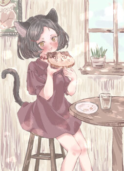 Rule 34 | 1girl, :d, animal ears, black hair, bread, bread slice, brown dress, brown eyes, cat ears, cat girl, cat tail, commentary request, cup, dress, drinking glass, eating, fang, food, highres, indoors, on stool, open mouth, original, plant, plate, potted plant, puffy short sleeves, puffy sleeves, round table, shiro kikurage, short dress, short hair, short sleeves, sitting, skin fang, smile, stool, table, tail, window