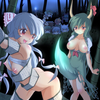 Rule 34 | 6+girls, animal ears, bamboo, bamboo forest, bdsm, between legs, blue eyes, blue hair, blush, bondage, bound, bow, braid, breasts, breasts apart, brown hair, cat ears, cat girl, cat tail, caved (touhou), chen, completely unamused, ex-keine, female focus, forest, fujiwara no mokou, green eyes, green hair, grey hair, hair bow, hair ribbon, hat, highres, horns, inubashiri momiji, kaenbyou rin, kagiyama hina, kamishirasawa keine, kawashiro nitori, long hair, mouse ears, multiple girls, nature, nazrin, nipples, nude, pussy juice, red eyes, red hair, ribbon, scroll, short hair, tail, tail between legs, tail rape, tokin hat, touhou, twintails, two side up, unamused, wancozow, white hair, wolf ears, wooden horse, you gonna get raped, yuri