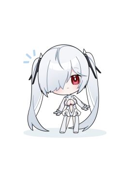 1girl :3 ^^^ arms_at_sides bodysuit breasts chibi cinderella_(nikke) cleavage cleavage_cutout clothing_cutout deformed full_body gloves goddess_of_victory:_nikke hair_ornament hair_over_one_eye hashtag-only_commentary head_tilt highres long_hair long_sleeves momori_sensei navel navel_cutout red_eyes see-through_clothes see-through_skirt shadow simple_background skirt solo thigh_cutout twintails very_long_hair white_background white_gloves white_hair