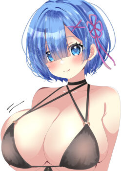 1girl bikini black_bikini blue_eyes blue_hair blush breasts character_request highres large_breasts re:zero_kara_hajimeru_isekai_seikatsu rota_kokko simple_background solo swimsuit white_background