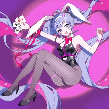 1girl ahoge animal_ears aqua_eyes aqua_hair artist_name black_leotard blush bow breasts card clothing_cutout colored_inner_hair da_miao_meng_meng_nya fake_animal_ears fishnet_pantyhose fishnets hair_ornament hatsune_miku heart heart_cutout heart_in_eye high_heels highres holding holding_card leotard long_hair looking_at_viewer multicolored_hair open_mouth pantyhose pink_hair playboy_bunny rabbit_hole_(vocaloid) red_bow smile solo symbol_in_eye twintails very_long_hair vocaloid x_hair_ornament