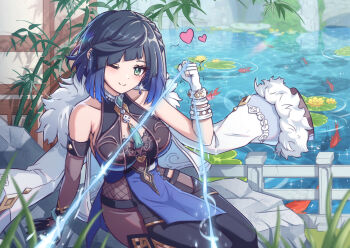 1girl asymmetrical_gloves bamboo bare_shoulders bead_choker black_gloves blue_hair blurry blush bob_cut breasts closed_mouth collarbone cowboy_shot day depth_of_field detached_sleeves diagonal_bangs dice elbow_gloves feather-trimmed_jacket fence fish flower fur-trimmed_jacket fur_trim genshin_impact gloves gradient_hair grass green_eyes heart highres holding holding_string jacket jacket_on_shoulders jewelry large_breasts lily_pad looking_at_viewer mismatched_gloves mole mole_on_breast multicolored_hair neck_tassel one_eye_closed outdoors pelvic_curtain pov rock saylamars short_hair single_detached_sleeve single_elbow_glove sitting smile solo sparkle string sunlight tassel tassel_choker two-tone_hair waist_cutout water_lily_flower white_fence white_gloves white_jacket yelan_(genshin_impact)