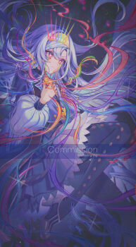 1girl artmage_finmel black_pantyhose closed_mouth commission dress duel_monster grey_hair hair_between_eyes hair_ornament hairband high_heels highres long_hair pantyhose pink_eyes solo sparkling_eyes tears tubering twitter_username very_long_hair white_dress yellow_hairband yu-gi-oh!