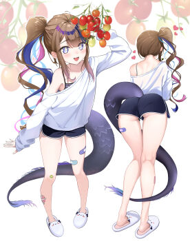 1girl absurdres airi_kanna ass bandaid bandaid_on_leg black_shorts blue_eyes blush bright_pupils brown_hair commentary_request dolphin_shorts food fruit fruit_request hand_up heart highres korean_commentary leaning_forward long_hair long_sleeves multicolored_hair multiple_views off-shoulder_sweater off_shoulder open_mouth parted_bangs pearumaso short_shorts shorts side_ponytail simple_background single_off_shoulder sleeves_past_wrists slippers smile standing star-shaped_pupils star_(symbol) stellive streaked_hair striped_clothes sweater symbol-shaped_pupils tail very_long_hair virtual_youtuber white_background white_slippers white_sweater