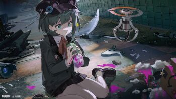 Rule 34 | 1girl, absurdres, animal ear headwear, black hat, black shoes, black skirt, blazer, broken stuffed toy, collared shirt, copyright name, copyright notice, fake animal ears, foot out of frame, furrowed brow, glass shards, green eyes, green hair, green socks, grey jacket, hat, highres, holding, holding stuffed toy, jacket, loafers, logo, looking down, miniskirt, neck ribbon, newsboy cap, official art, official wallpaper, orange ribbon, pink liquid, pleated skirt, qingxing (xinyue tongxing), ribbon, safety pin, shards, shirt, shoes, short hair, sitting, skirt, socks, solo, stuffed animal, stuffed toy, tile wall, tiles, triangle mouth, wariza, white shirt, xinyue tongxing