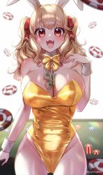 Rule 34 | 1girl, :3, absurdres, animal ears, banknote, between breasts, blonde hair, blurry, bow, bowtie, breasts, cleavage, commentary request, commission, cowboy shot, depth of field, detached collar, fang, gold bowtie, gold leotard, highres, indie virtual youtuber, komorebi wanko, large breasts, leotard, looking at viewer, money, playboy bunny, poker chip, rabbit ears, red eyes, simple background, skeb commission, smile, solo, strapless, strapless leotard, twintails, virtual youtuber, white background, wrist cuffs, yayoi maka