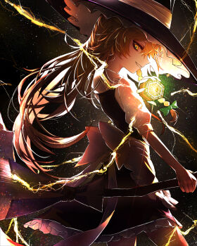 Rule 34 | 1girl, 33 gaff, apron, back bow, black background, black hat, black skirt, black vest, blonde hair, bow, braid, broom, commentary, cowboy shot, dark, electricity, energy, frilled skirt, frills, hat, highres, holding, holding broom, kirisame marisa, light rays, long hair, mini-hakkero, profile, puffy short sleeves, puffy sleeves, shirt, short sleeves, single braid, skirt, smile, solo, touhou, vest, waist apron, white apron, white bow, white shirt, witch hat, yellow eyes