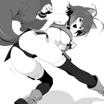 1girl :d ahoge animal_ears antenna_hair ass blazblue boots breasts clenched_hands from_behind greyscale henyaan_(oreizm) highres looking_at_viewer makoto_nanaya monochrome open_mouth panties short_hair simple_background smile solo squirrel_ears squirrel_girl squirrel_tail tail thighhighs underwear white_background