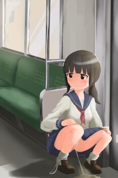 1girl brown_eyes brown_hair censored hands_on_own_knees highres original panties_around_leg peeing peeing_on_floor puddle pussy school_uniform solo squatting train_interior udonko_(tinanago7715)