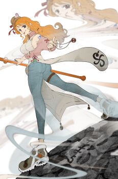 1girl absurdres alternate_costume ass bare_shoulders blue_pants bracelet braid braided_sidelock breasts brown_eyes cardigan clima-tact closed_mouth commentary_request denim dust_cloud floating_hair from_behind from_side full_body glint hat highres holding holding_staff jeans jewelry large_breasts long_hair long_sleeves looking_at_viewer looking_back mini_hat naemoto nami_(one_piece) one_piece orange_hair pants pink_cardigan ring shirt shoes shoulder_tattoo sideboob single_sidelock sleeveless sleeveless_shirt sneakers solo staff standing tattoo thigh_strap tongue tongue_out wavy_hair white_background