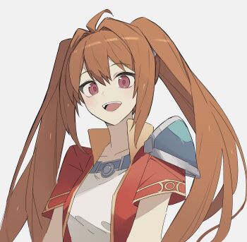 Rule 34 | 1girl, ahoge, antenna hair, armor, brown hair, cropped jacket, double-parted bangs, eiyuu densetsu, estelle bright, george man, grey background, hair between eyes, hair intakes, high collar, highres, long hair, looking at viewer, open mouth, pauldrons, portrait, red eyes, short sleeves, shoulder armor, simple background, single pauldron, smile, solo, sora no kiseki, twintails