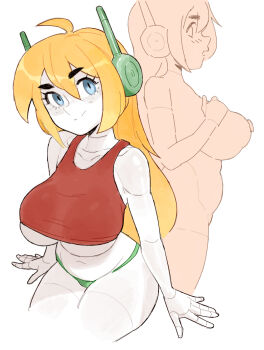 1girl alt_text alternate_breast_size_(larger) android blonde_hair blue_eyes breasts colored_skin commentary curly_brace doukutsu_monogatari effy_neprin english_commentary freckles green_panties joints large_breasts long_hair looking_at_viewer midriff navel nipples panties red_tank_top robot_ears robot_joints simple_background smile tank_top thighs underwear white_background white_skin