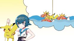 1boy 1girl :> :/ :3 ^_^ animated arm_up armpits ash_ketchum bare_shoulders bikini black_eyes black_hair blinking blue_eyes blue_hair blue_one-piece_swimsuit blue_pants blue_sailor_collar blue_sky blurry blurry_background blush_stickers bob_cut breasts bright_pupils carrying chair closed_eyes closed_mouth cloud collarbone covered_navel crab crop_top day electricity fish fishing fishing_rod folding_chair gen_1_pokemon gen_2_pokemon gen_3_pokemon grapeanime hair_between_eyes hairband hand_on_own_hip hand_up happy highres holding holding_fishing_rod holding_unworn_clothes huntail imagining kingler lana_(pokemon) lanturn looking_at_another magikarp male_swimwear matching_hair/eyes mountain nintendo ocean on_chair one-piece_swimsuit outdoors palm_tree pants pikachu pokemon pokemon_(anime) pokemon_(creature) pokemon_sm_(anime) red_male_swimwear rope sailor_collar scratches seaweed shading_eyes shiny_skin shirt short_hair sidelocks sitting skull sky sleeveless sleeveless_shirt small_breasts smile sound speech_bubble sunlight suspension sweatdrop swim_trunks swimsuit swimsuit_under_clothes tangela thought_bubble thumbs_up topless_male tree unconscious v-shaped_eyebrows video water wet white_bikini white_pupils white_shirt x_x yellow_hairband