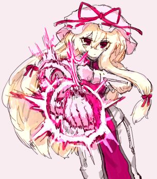 Rule 34 | 1girl, absurdres, alternate costume, blonde hair, closed mouth, commentary, hair between eyes, hair ribbon, hat, hat ribbon, highres, incoming attack, incoming punch, jacket, korean commentary, long hair, long sleeves, looking at viewer, mob cap, pants, pink hat, punching, purple eyes, purple tabard, rampa93, red ribbon, ribbon, solo, tabard, touhou, very long hair, white background, white jacket, white pants, yakumo yukari