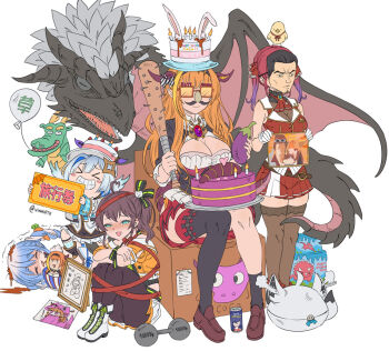 5girls amane_kanata animal_ears ascot asymmetrical_legwear balloon baseball_bat bat_(animal) birthday birthday_cake boots bow box breasts cake can&#039;t_show_this_(meme) carrot dinosaur dragon dragon_girl dragon_horns drunk eggplant fake_animal_ears fake_facial_hair fake_mustache fake_nose floral_print food frills glasses gloves green_eyes hair_bow hair_ornament happy_birthday highleg highleg_leotard holding holding_weapon hololive horns houshou_marine houshou_marine_(1st_costume) kiryu_coco kiryu_coco_(1st_costume) kiryu_kazuma large_breasts leotard leotard_under_clothes long_hair mask multiple_girls nail_(hardware) nail_bat natsuiro_matsuri on_box orange_eyewear orange_hair purple_hair ribbon ryuu_ga_gotoku_(series) sitting sitting_on_box spiked_bat sunglasses triceratops uneven_legwear usada_pekora usada_pekora_(1st_costume) vinhnyu virtual_youtuber weapon white_footwear white_gloves