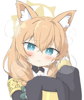 1girl animal_ear_fluff animal_ears black_dress blue_archive blue_eyes blush braid brown_hair cat_ears dress hair_between_eyes hair_over_shoulder halo hand_up highres long_hair long_sleeves looking_at_viewer mari_(blue_archive) miranofuudoria nun parted_lips puffy_long_sleeves puffy_sleeves simple_background solo steam upper_body veil veil_removed white_background