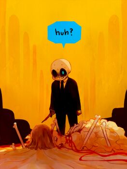 2others black_jacket black_pants blood blood_on_clothes blood_on_ground blood_on_hands bloody_weapon blue_eyes bone brown_hair clenched_hand dress dress_shirt english_text formal_clothes frisk_(undertale) holding holding_knife impaled implied_murder indoors jacket knife looking_down multiple_others necktie on_ground pants red_ribbon ribbon sans_(undertale) shirt skeleton soseji_(tjduswjd) speech_bubble sweatdrop undertale utdr_(toby_fox) weapon white_shirt yellow_background yellow_dress