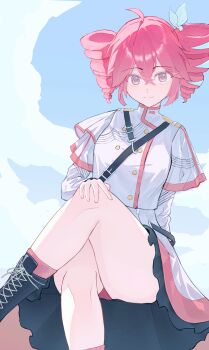 1girl absurdres ahoge awaaki_momiji belt black_belt black_boots boots bow buttons closed_mouth crossed_legs double-breasted double-parted_bangs drill_hair hair_between_eyes hair_bow hair_ribbon hand_on_own_knee hashtag-only_commentary highres jacket kasane_teto kasane_teto_(sv) lace-up_boots layered_sleeves long_sleeves panties pantyshot red_eyes red_hair red_panties red_socks red_trim ribbon short_over_long_sleeves short_sleeves shoulder_belt sitting skirt skirt_set smile socks synthesizer_v twin_drills underwear utau white_bow white_jacket white_ribbon white_skirt