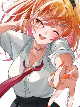 1girl alternate_costume alternate_hairstyle blush breasts cleavage collarbone commentary dodo_ddd_08 eyelashes fingernails foreshortening gradient_hair hair_between_eyes hair_ornament hairpin highres hololive hololive_dev_is ichijou_ririka jewelry large_breasts long_fingernails long_hair looking_at_viewer loose_necktie multicolored_hair necktie one_eye_closed open_mouth orange_eyes orange_hair orange_nails pink_hair ponytail red_necktie school_uniform shirt skirt smile solo twitter_username upper_body v v_over_eye virtual_youtuber white_background