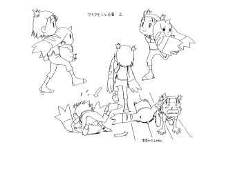 1boy 1girl :3 absurdres acting animal_ears animal_focus carrying reference_sheet child crying digimon digimon_(creature) digimon_tamers disgust expressionless falling floor grabbing_from_behind highres horns injury lee_shaochung lying monochrome official_art scan sequential simple_background single_horn size_difference standing tail tears terriermon torture translation_request walking white_background