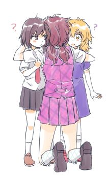 2girls ? aged_down ankle_socks black_skirt blonde_hair blush brown_eyes brown_hair brown_shoes commentary_request dress facing_away full_body hashtag-only_commentary hug kneeling low_twintails maribel_hearn multiple_girls necktie no_headwear open_mouth pink_skirt pink_vest plaid_clothes plaid_skirt plaid_vest pout purple_dress re_ghotion red_necktie red_shoes shirt shoes short_sleeves simple_background skirt socks standing touhou twintails usami_renko usami_sumireko vest white_background white_shirt white_socks