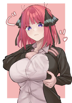 1girl absurdres adjusting_breasts black_jacket border breasts butterfly_hair_ornament closed_mouth collared_shirt commentary_request go-toubun_no_hanayome grabbing_own_breast hair_ornament highres jacket large_tail long_sleeves marimo_625 medium_hair nakano_nino outside_border pink_background pink_hair purple_eyes school_uniform shirt solo sound_effects tail upper_body white_border white_shirt