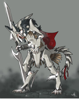 androgynous armor cape claws fantasy full_body furry gender_request gradient_background multicolored_hair open_mouth rain_silves sergal solo sword tail tongue trancy_mick weapon yellow_eyes