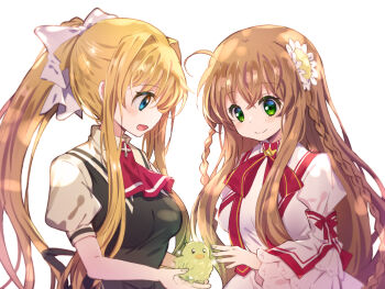 Rule 34 | 2girls, :d, ahoge, air (visual novel), animal, bird, black dress, blonde hair, blue eyes, blush, bow, braid, brown hair, closed mouth, colored eyelashes, commentary, company connection, crossed bangs, crossover, crown, dress, flower, frilled sleeves, frills, green eyes, hair between eyes, hair bow, hair flower, hair intakes, hair ornament, happy, highres, holding, holding animal, holding bird, juliet sleeves, kamio misuzu, kanbe kotori, kazamatsuri institute high school uniform, key (company), lliissaawwuu2, long hair, long sleeves, looking down, mini crown, multiple girls, neck ribbon, open mouth, ponytail, puffy short sleeves, puffy sleeves, red bow, red ribbon, rewrite, ribbon, school uniform, short sleeves, sidelocks, simple background, sleeve bow, sleeveless, sleeveless dress, smile, symbol-only commentary, tareme, twin braids, upper body, very long hair, white background, white bow, white dress, white flower, wide sleeves