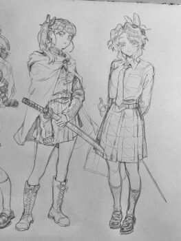 2girls cape katana kimetsu_no_yaiba kochou_shinobu megumi_eho monochrome multiple_girls necktie photo_(medium) school_uniform standing sword traditional_media tsuyuri_kanao weapon