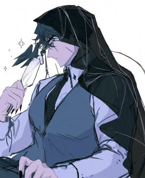 2boys black_nails black_necktie black_vest black_wings cloak collared_shirt crossed_arms cup demon_horns feathered_wings highres holding holding_cup hood hood_up hooded_cloak horns kim_dokja looking_at_another male_focus mini_person miniboy multiple_boys necktie official_alternate_costume omniscient_reader&#039;s_viewpoint paradero_91 scar scar_across_eye scar_on_face secretive_plotter shirt vest white_shirt wings yellow_eyes yoo_joonghyuk