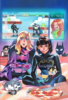 2girls artist_name barbara_gordon batgirl batgirls batman batman_(series) batman_symbol belt black_bodysuit black_gloves black_hair blonde_hair blue_eyes bodysuit breasts brown_eyes bruce_wayne cameo cape cassandra_cain closed_eyes comic_cover commentary controller dc_comics dick_grayson dog domino_mask english_commentary eye_mask food game_controller gloves gouache_(medium) highres holding holding_controller holding_game_controller kon-el long_hair looking_at_viewer mask medium_breasts multiple_girls nightwing no_mask official_art open_mouth orange_hair painting_(medium) pixelated pizza playing_games purple_belt purple_cape purple_gloves rian_gonzales robin_(dc) short_hair sitting stephanie_brown street_fighter street_fighter_iii_(series) superboy superhero_costume textless_version tim_drake traditional_media video_game watercolor_(medium) yellow_belt