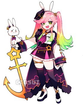 1girl absurdres alpha_transparency anchor animal_ears artist_name black_thighhighs blonde_hair cio_(ciosui) coat eyebrows_hidden_by_hair full_body gradient_hair green_hair hair_ornament hat high-waist_skirt highres miniskirt multicolored_hair open_mouth original pink_hair rabbit rabbit_ears shoes skirt sleeves_past_wrists smile solo star_(symbol) star_hair_ornament thigh_strap thighhighs tilted_headwear transparent_background twintails two-sided_coat two-sided_fabric watermark white_shoes