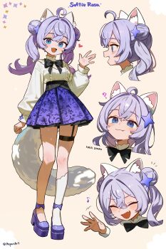 Rule 34 | 1girl, :3, :d, ?, absurdres, ahoge, animal ear fluff, animal ears, black bow, black bowtie, blue eyes, blush, bow, bowtie, cat ears, cat girl, cat tail, closed mouth, commentary, cropped shoulders, double-parted bangs, double bun, english commentary, fang, fang out, full body, hair bun, hair intakes, hair ornament, hand up, hepari, highres, kneehighs, long hair, long sleeves, looking at viewer, multiple views, notice lines, open mouth, original, platform shoes, purple hair, purple shoes, purple skirt, shirt, shoes, sidelocks, simple background, single sock, skirt, smile, socks, standing, star (symbol), star hair ornament, tail, thigh strap, twintails, virtual youtuber, white shirt, white socks