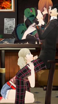 1boy 2girls 3d absurdres amamiya_ren blonde_hair blue_eyes closed_eyes fellatio glasses highres multiple_girls oral orange_hair persona persona_5 sakura_futaba takamaki_anne thlayli