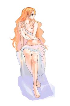 1girl alternate_costume arm_support bangle bare_legs bare_shoulders barefoot bracelet breasts cleavage closed_mouth collarbone commentary_request earrings feet full_body hair_behind_ear hand_on_own_chest highres jewelry korean_commentary large_breasts legs long_hair looking_to_the_side nami_(one_piece) navel one_piece orange_hair profile sidelocks sitting skirt sktkah_7326 solo stomach toes wavy_hair white_background white_skirt