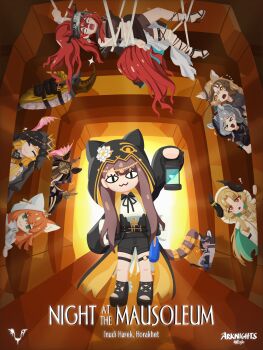 >_< +++ 1boy 6+girls :3 ? @_@ absurdres ajani_(arknights) ajazi_(arknights) animal_ear_hood animal_ears ankh arknights arm_up backlighting belt black_hair blonde_hair braid brown_eyes brown_hair brown_shorts cat_ears cat_tail closed_mouth commentary dark-skinned_female dark_skin ears_under_headwear english_commentary english_text fake_animal_ears flower flying_sweatdrops green_eyes grey_hair gribberoni hallway head_chain head_wings highres holding holding_lantern hollow_eyes hood hood_up hooded_jacket horns horse_ears horse_girl horse_tail infection_monitor_(arknights) jacket jewelry lantern long_hair looking_at_viewer medjehtiqedti_(arknights) medjehtiqedti_(arknights) multiple_girls narantuya_(arknights) night_at_the_museum notched_ear o-ring o-ring_thigh_strap orange_hair papyrus_(arknights) parody parted_bangs pepe_(arknights) philae_(arknights) platform_footwear ponytail red_eyes sandals sargon_logo scorpion_tail shorts single_braid smile suspension tail tail_ornament tail_ring thigh_strap toeless_footwear turn_pale unnamed_manticore_girl_(arknights) v veil white_flower wings zubayr_(arknights)