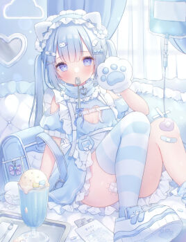 1girl animal_ears animal_hands backpack bag bandaid bandaid_hair_ornament bandaid_on_knee bandaid_on_leg blister_pack blue_bag blue_dress blue_eyes blue_hair blue_theme blue_thighhighs blush cat_paws clothing_cutout commentary_request dated dress fake_animal_ears food fork frilled_dress frills gauze gauze_on_leg hair_ornament hairband hairclip heart heart-shaped_bandaid heart_cutout highres ice_cream intravenous_drip lolita_hairband long_hair looking_at_viewer mouth_hold omochi_monaka original pastel_colors pill puffy_short_sleeves puffy_sleeves randoseru shoes short_sleeves shoulder_cutout signature single_thighhigh sitting solo spoon striped_clothes striped_thighhighs tenshi_kaiwai thighhighs tray twintails twitter_username utensil_in_mouth white_shoes wing_hair_ornament x_hair_ornament