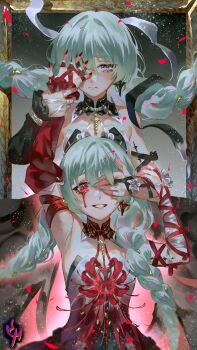 2girls absurdres arm_up armpits artist_logo bandaged_arm bandages bare_shoulders black_dress black_nails blood bloody_tears braid breasts closed_mouth coconuthound commentary covering_another&#039;s_eye crazy_smile crying crying_with_eyes_open detached_sleeves dress dual_persona earrings english_commentary fingernails grey_eyes grey_hair halter_dress halterneck hand_grab highres jewelry logo looking_at_viewer low_twin_braids multiple_girls nail_polish phrolova_(wuthering_waves) red_dress red_eyes red_nails red_petals single_detached_sleeve small_breasts smile tacet_mark_(wuthering_waves) tears time_paradox twin_braids wuthering_waves