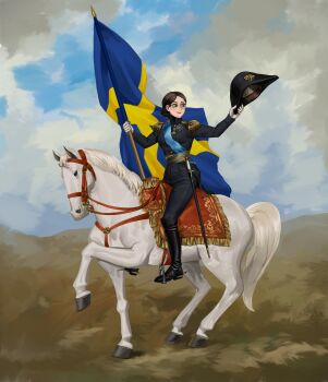 1girl absurdres animal black_boots black_hair black_hat black_jacket black_pants blue_sky boots closed_mouth cloud cloudy_sky day epaulettes flag gloves hat highres holding holding_flag holding_unworn_clothes holding_unworn_hat horse horseback_riding jacket knee_boots long_sleeves original outdoors pants parted_bangs remora25 riding sky smile solo stirrups_(riding) swedish_flag unworn_hat unworn_headwear white_gloves