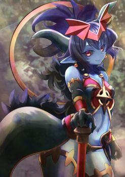 Rule 34 | 1girl, black gloves, black horns, black panties, black sclera, black thighhighs, blue hair, blue skin, breasts, cleavage, closed mouth, coat, colored sclera, colored skin, commentary request, demon girl, demon horns, earrings, elbow gloves, fur-trimmed coat, fur trim, gloves, gold trim, hair ornament, high ponytail, highres, horns, jewelry, medium breasts, mephisto pheles (shinrabanshou), navel, panties, planted, planted sword, planted weapon, pointy ears, ponytail, red coat, red eyes, shinrabanshou, sleeveless, sleeveless coat, solo, sword, thighhighs, underwear, weapon, zero pheles