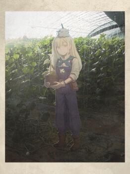 1girl bang_dream! bang_dream!_it's_mygo!!!!! blue_neckerchief blue_overalls chinese_commentary closed_mouth commentary_request cucumber_plant gloves green_hair greenhouse hair_ornament hairclip highres neckerchief octopus overalls plant potted_plant qm_dvn standing togawa_sakiko wakaba_mutsumi white_gloves yellow_eyes