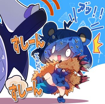 1girl 1other ahoge arzuros black_socks blue_background blue_dress blue_hair blue_sandals blue_shoes breasts chibi chibi_only claws cleavage commentary_request dress fang hair_between_eyes highres milkpanda monster_hunter_(series) okobo open_mouth panties pantyshot personification platform_sandals sandals shaded_face shoes short_hair skin_fang socks standing standing_on_one_leg tabi underwear white_panties white_socks wide-eyed