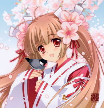 1girl :d absurdres bird bird_on_hand brown_hair carnelian cherry_blossoms finch flower flower_on_head highres japanese_clothes java_sparrow miko open_mouth red_eyes smile twintails