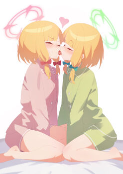 2girls absurdres arm_between_legs bare_legs barefoot bed_sheet blonde_hair blue_archive blush bow closed_eyes commentary french_kiss green_bow green_pajamas hair_bow halo heart highres incest kiss kukuzero_neko long_sleeves midori_(blue_archive) momoi_(blue_archive) multiple_girls pajamas pink_pajamas red_bow saliva short_hair siblings sidelocks sisters sitting twins yuri